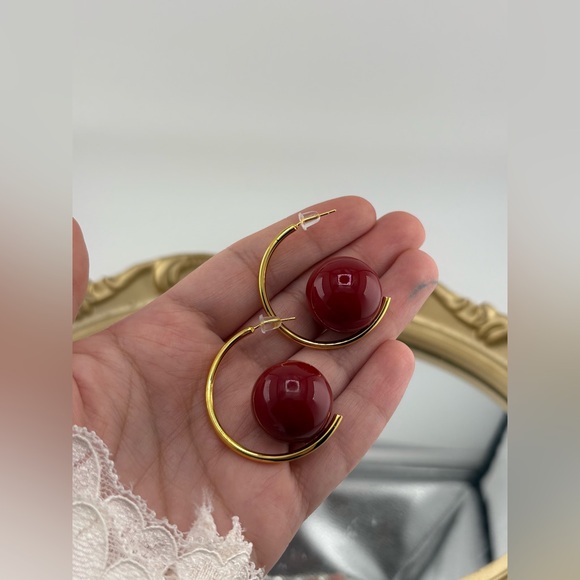 Gold Hoop Earrings with Burgundy Red Bead – Modern Statement - Picture 7 of 9